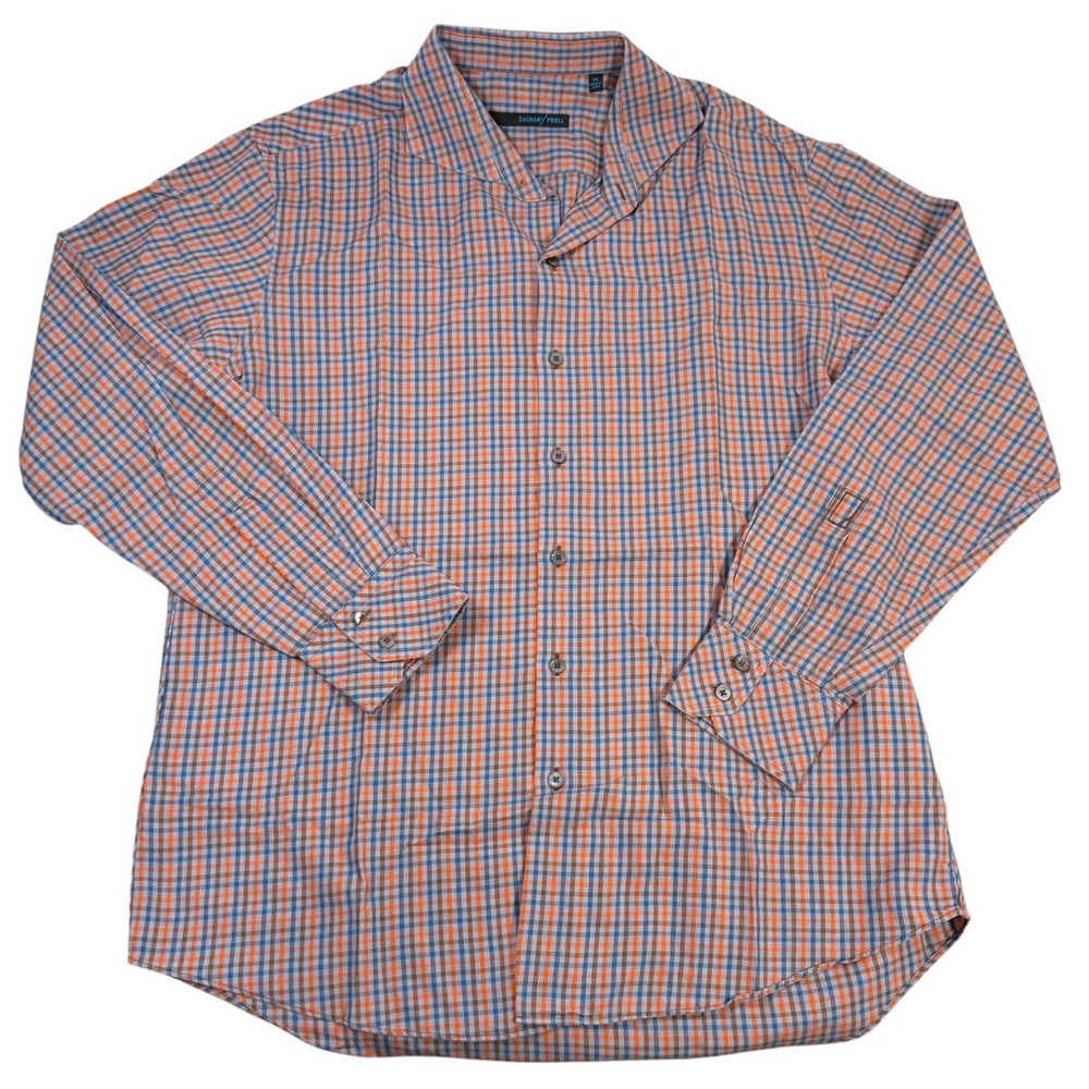 Zachary Prell Mens XL Button Down Shirt Blue Orange Gingham Plaid Cotton L/S